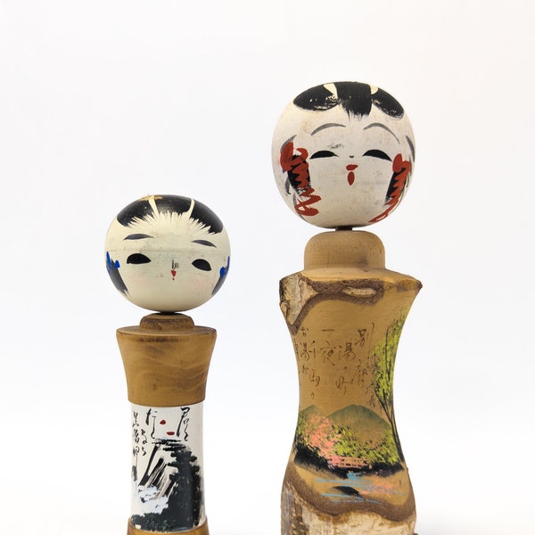 Kokeshi Dolls Lot of 2 Medium-Size (16cm and 21cm) Authentic Signed Creative Sosaku Kokeshi Dolls - Handmade Japanese Wooden Craft (0161)