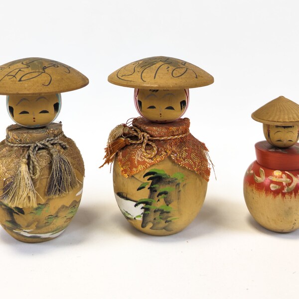 Kokeshi Dolls Lot of 3 (12cm, 12cm, 9cm) Authentic Creative Sosaku Kokeshi Dolls - Handmade Japanese Wooden Craft (0165)