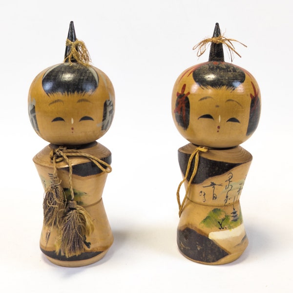 Kokeshi Dolls Lot of 2 (14cm) Authentic Creative Sosaku Kokeshi Doll - Handmade Japanese Wooden Craft (0172)