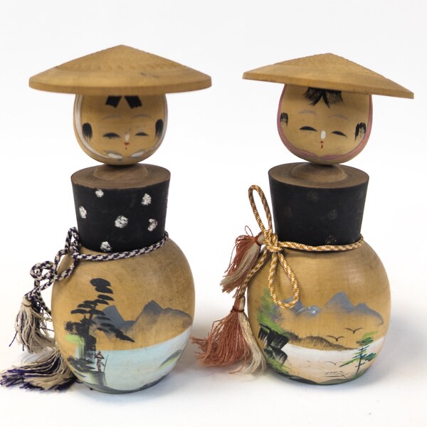 Kokeshi Dolls Lot of 2 (12.5cm) Authentic Creative Sosaku Kokeshi Dolls - Handmade Japanese Wooden Craft (0164)