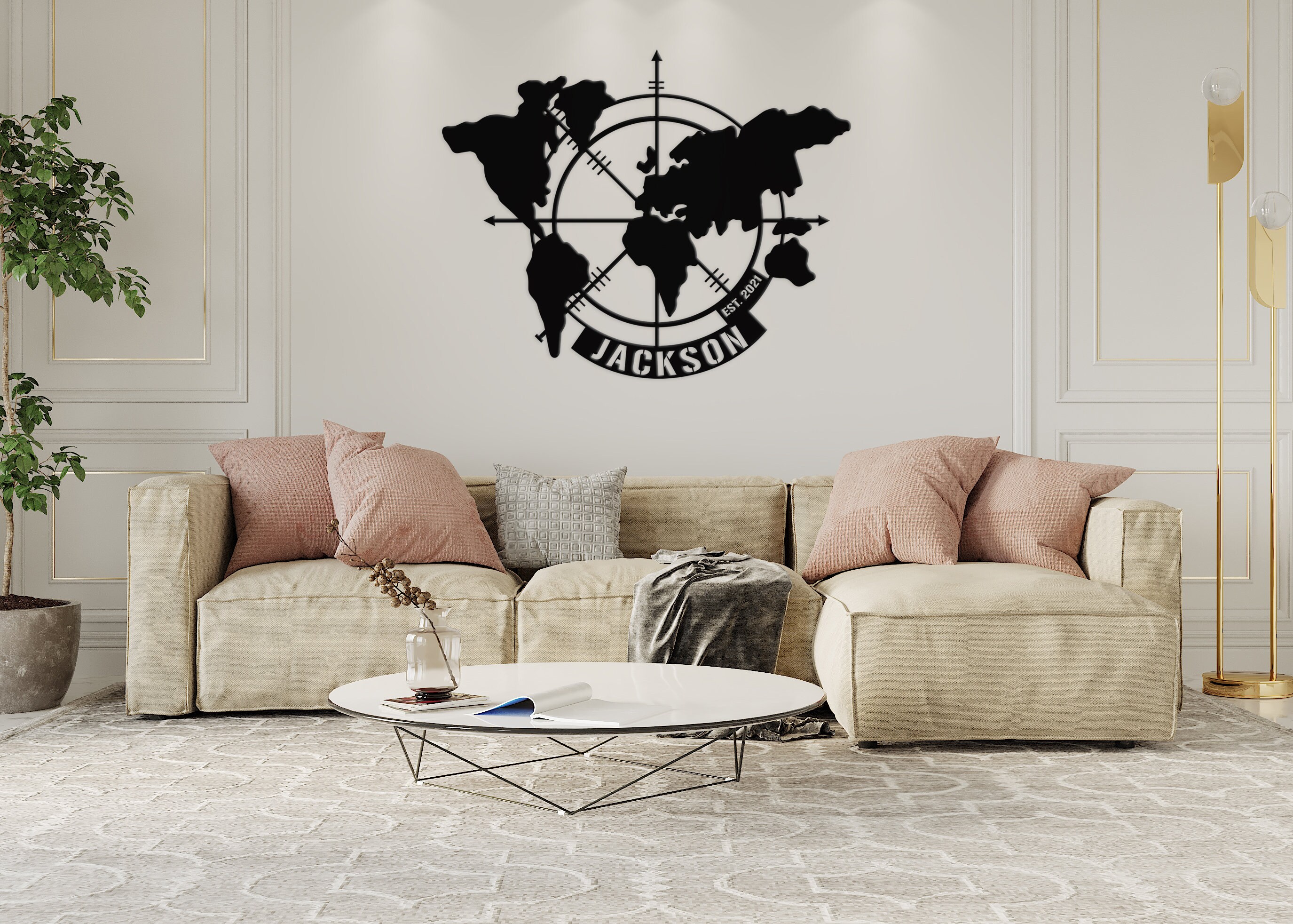 Personalized World Map Metal Wall Art, World Map Compass, Custom Metal ...
