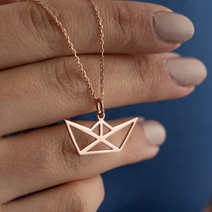 14k Gold Origami Paper Ship Necklace, Gold Geometric Necklace, Ideal Nautical Theme Accessory, Unique Mother's Day Gift, Gift For Mom