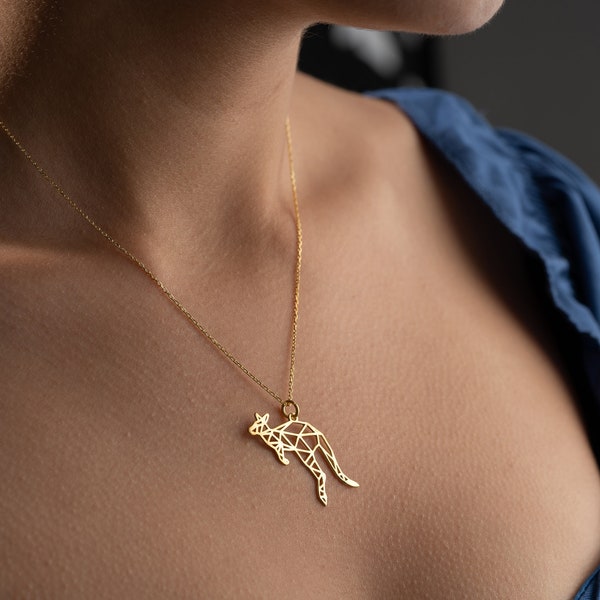 14K Gold Animal Necklace, Geometric Origami Kangaroo Necklace, Gold Animal Necklace, Special Mother's Day Gift, First Mother's Day Gift