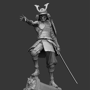 May include: A detailed, grey, sculpted figurine of a samurai warrior in full armour, holding a sword. The warrior has a skull-like face and is standing on a rock base.