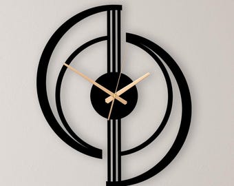 Modern Metal Wall Clock, Black Geometric Wall Clock, Silent Large Clock, Handmade Minimalist Wall Decor