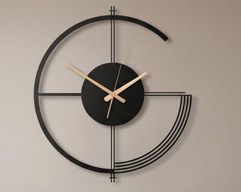 Reloj de pared moderno de metal, reloj de pared geométrico minimalista, decoración de pared negra silenciosa, reloj contemporáneo grande, regalo hecho a mano