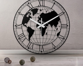 Metal World Map Wall Clock: Unique Home Decor, Travel Gift