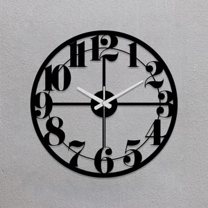 May include: Black clock with white hands and large black Roman numeral markings on a white wall.