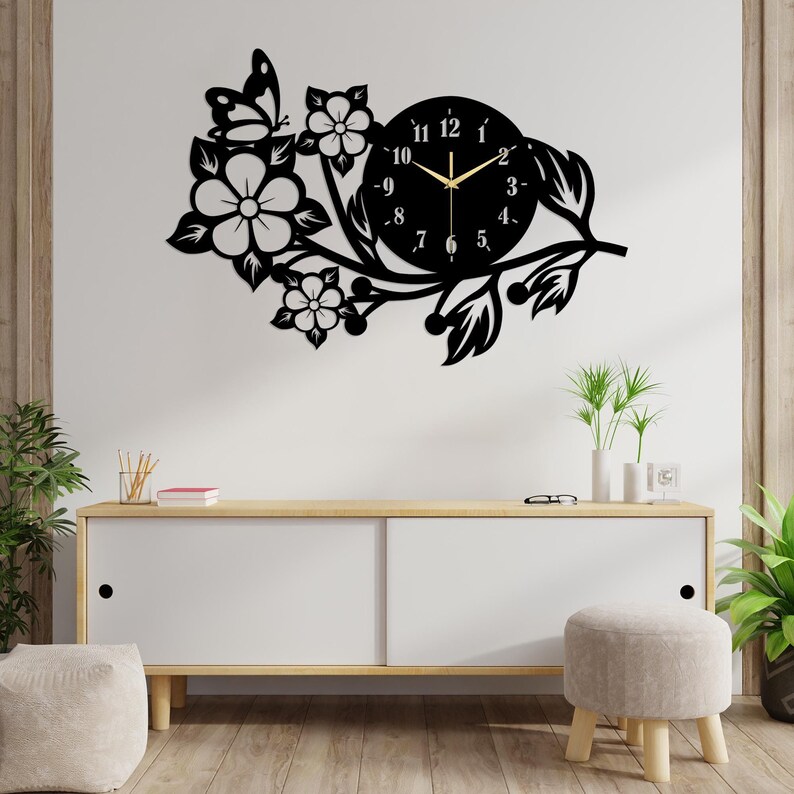 Butterfly Flower Metal Wall Clock, Modern Black Wall Art, Decorative