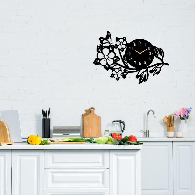 Butterfly Flower Metal Wall Clock, Modern Black Wall Art, Decorative