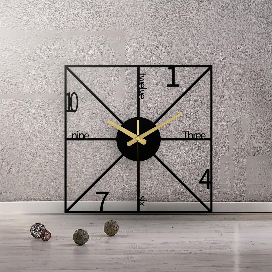 Minimalist Metal Wall Clock Modern Typography Square Geometric Design ...