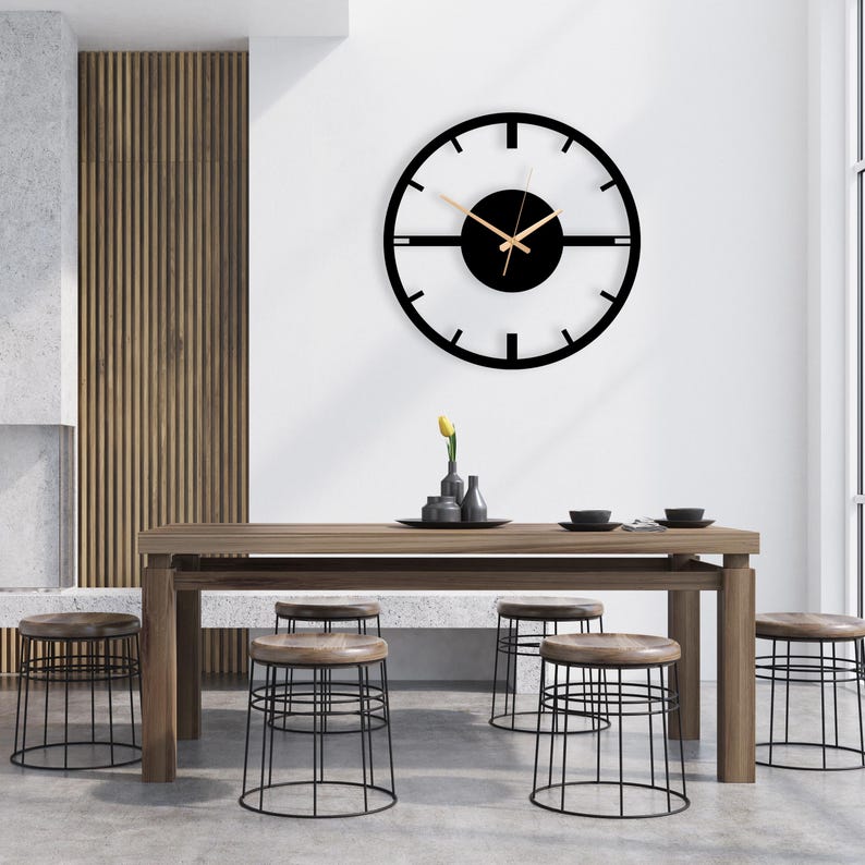 Minimalist Metal Wall Clock, Modern Large Wall Art, Silent Black Unique ...