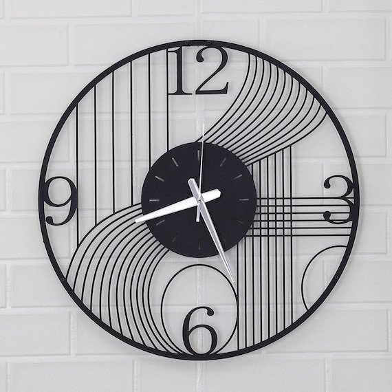 Modern Black Metal Large Wall Clock, Unique Abstract Home Kitchen Decor, Decorative Unusual Art