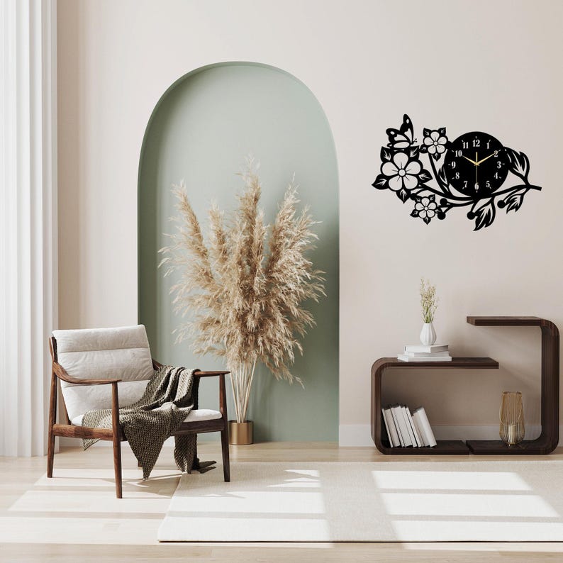Butterfly Flower Metal Wall Clock, Modern Black Wall Art, Decorative
