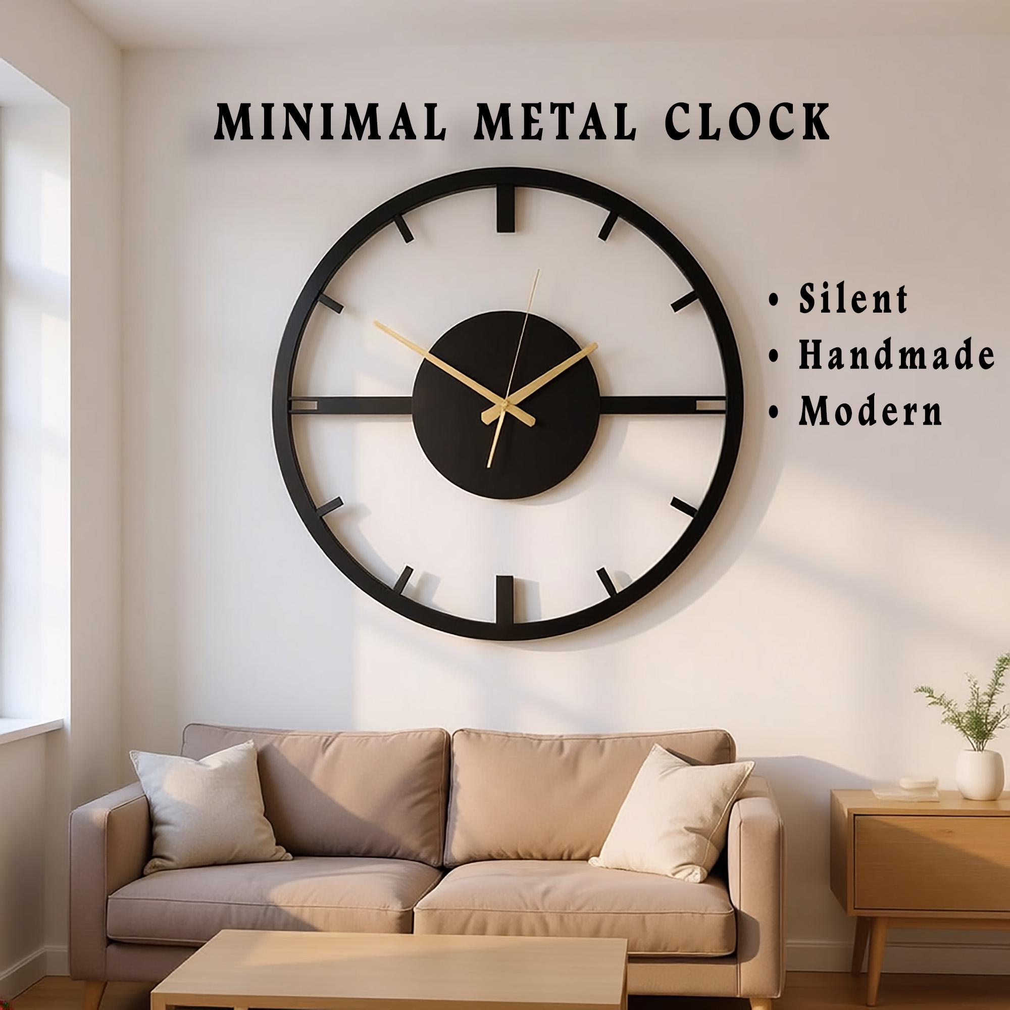 Minimalist Metal Wall Clock, Modern Large Wall Art, Silent Black Unique ...