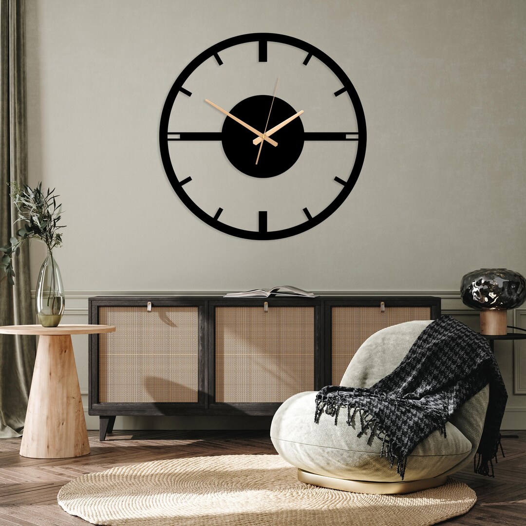 Minimalist Metal Wall Clock, Modern Large Wall Art, Silent Black Unique ...