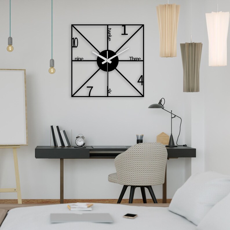Minimalist Metal Wall Clock Modern Typography Square Geometric Design ...