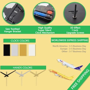 May include: A clock with a saw-toothed hanger bracket, a high-quality, super silent clock mechanism, and 3D effect 1-inch upgrade screws. The clock is available in black, white, gold, and white colors. The hands are available in black, white, and gold colors. The clock is available with free shipping.