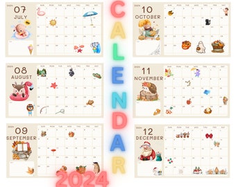 Printable Calendar 2024, PDF Calendar 2024 for kids, Themed Calendar 2024, Cute Kids Calendar 2024