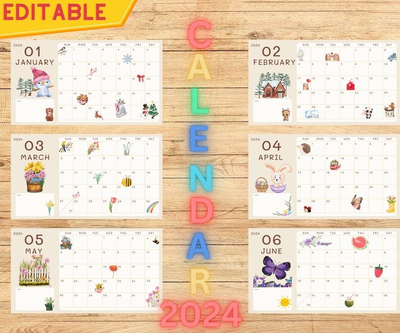 Editable Calendar 2024, PDF Printable Calendar 2024 for Kids, Themed