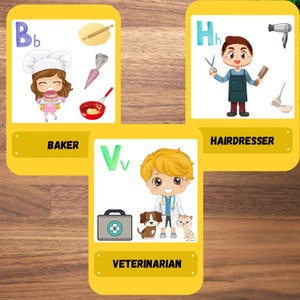 Job-Karten für Kinder mit Alphabet, Alphabet-Berufskarten, druckbare Job-Karten, Bildungs-Job-Karteikarten, Alphabet-Berufs-Karten