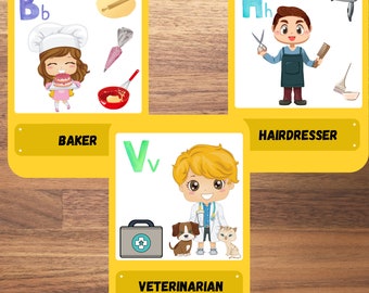 Job Cards for Kids with alphabet, Alphabet Occupation cards, Printable Jobs cards, Educational Jobs Flashcards, Alphabet Professions cards