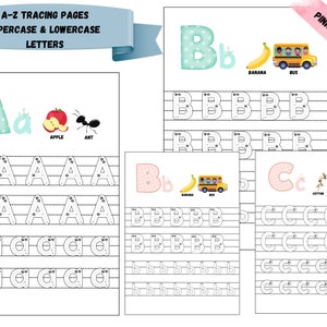 Hojas de trabajo de rastreo de letras de la A a la Z para niños en edad preescolar, páginas imprimibles de rastreo de letras del alfabeto, letras mayúsculas y minúsculas, hojas de rastreo del alfabeto