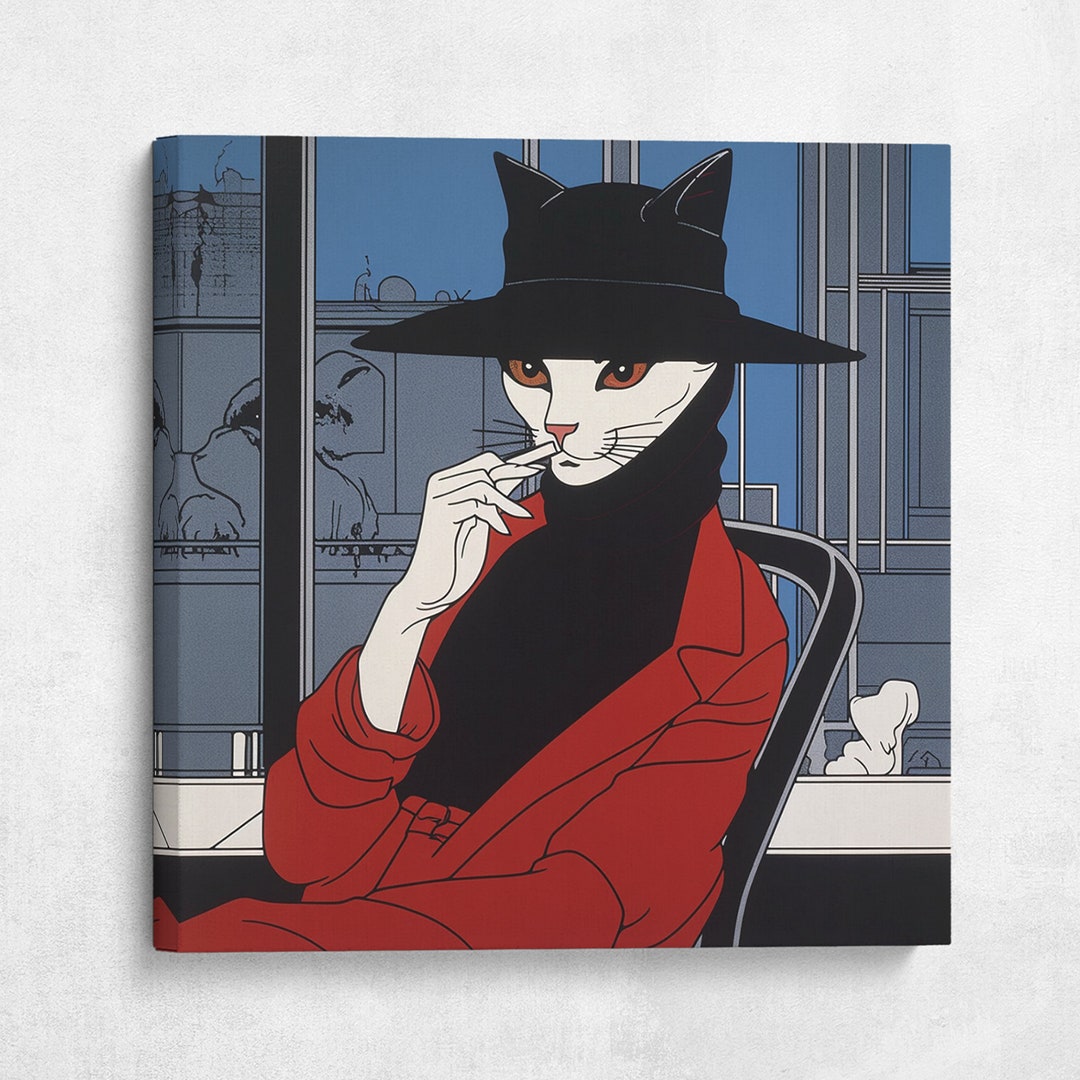 Art Deco Art Illustration of a Female Cat at a Cafe Canvas Print - Etsy