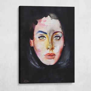 May include: A portrait painting of a woman's face with green eyes, red lips, and a black background. The painting uses a watercolor technique with a palette of pink, yellow, and blue hues. The artwork is signed in the bottom left corner.