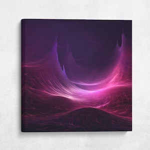 May include: Abstract digital art print featuring a swirling, wave-like pattern in shades of pink and purple. The artwork has a dark background and a glowing, ethereal quality.