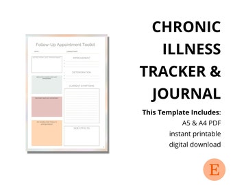 May include: A printable chronic illness tracker and journal template in A5 and A4 sizes. The template includes sections for notes from last appointment, improvement, deterioration, current symptoms, side effects, and hopes for today's appointment.