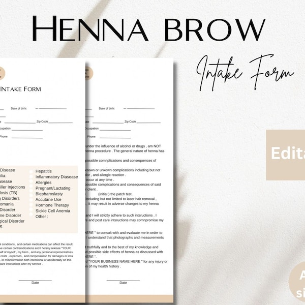 Editable Henna Brow Intake & Consent Forms I Canva T,Brow Henna Consent Form, Eyebrow Tinting,  Brow Client Intake Form, Brow Consultation,