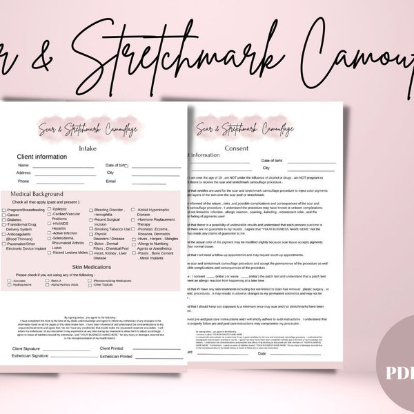 Scar & Stretch Mark Camouflage Intake Form, Editable Consent form, DIY Editable Printable Canva Template I 3 Page I PMUA , Beauty Forms ,