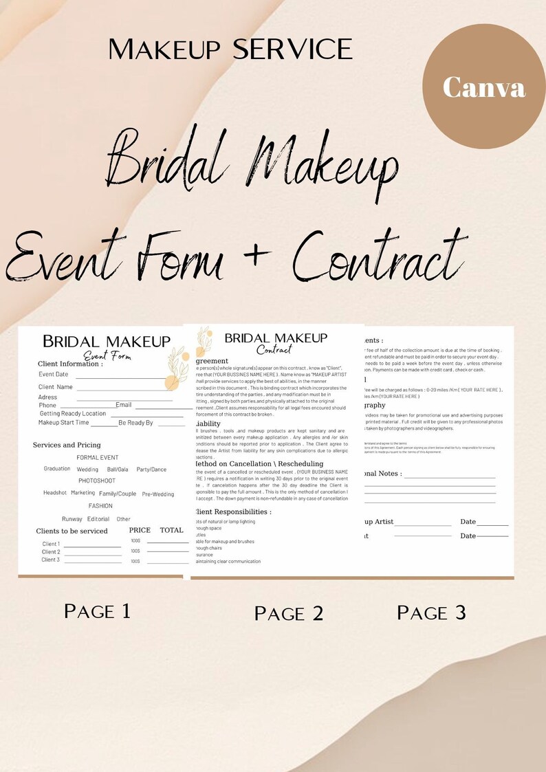 Editable Bridal Makeup Contract Template,freelance Makeup Artist Editable Bridal Makeup Contract Template,freelance Makeup Artist