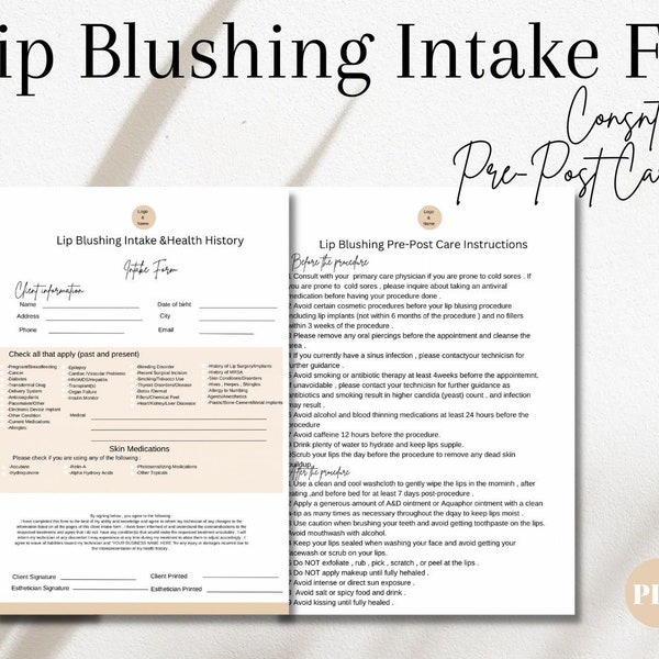 Lip Blushing Intake Consent Pre-care Aftercare Forms, DIY Editable Printable 3 Page Canva Template, Permanent Makeup, PMU Form , MUA Form