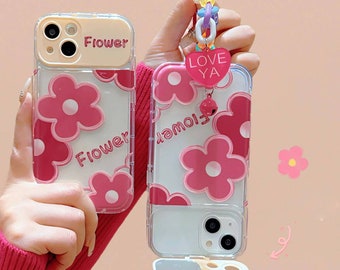 Cute 3D Flower Coffee Bear Hot Girl Flip Make Up Mirror Holder Clear Soft Case for iphone 14 Pro Max 13 12 Pro 11 X XR XS 7 8 Plus SE3 Chain