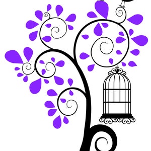 May include: A black silhouette of a tree with purple leaves and swirls. Two birds are perched on a branch, and a birdcage hangs from another branch.