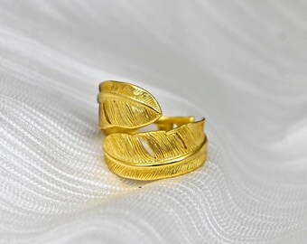 Gold Feather Brass Ring: Statement Stacking Ring for Women