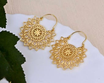 Brass Mandala Earrings: Bohemian Filigree Hoop Earrings