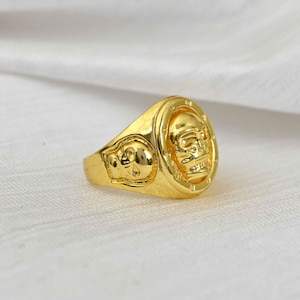 Signet Ring Skull Adjustable Ring Shiny Gold Plated Brass (18mm 8US inner size) OZ2695