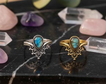 Teardrop Labradorite Ring | Gold Plated Brass, Bohemian Witchy Jewelry