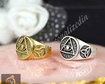Golden Eye of Providence Ring, Evil Eye Ring, All Seeing Eye Pyramid Brass Ring, Men Ring, Signet Ring, Talisman Amulet Sacred Symbol