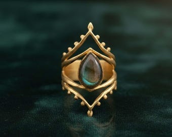 Labradorite Brass Statement Ring for Women – Handmade Boho Teardrop Gemstone Ring, Artisan Jewelry Gift