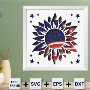 3D America Sunflower Shadow Box, Giorno dell'Indipendenza, Decorazione del segno patriottico, 4 luglio SVG, Bandiera di benvenuto, per Cricut, per Silhouette