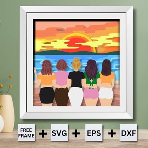 3D Custom Best Friends Portrait Shadow Box Besties SVG, Fashion Girls, Cadeau pour sœurs, Soul Sisters, Portrait personnalisé en couches