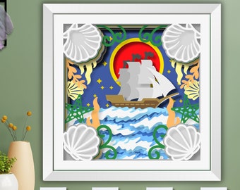 Boîte d’ombre de navire SVG 3D, thème océan SVG, boîte d’ombre nautique, plage SVG, coquillage, navire 3D pour Cricut, Silhouette