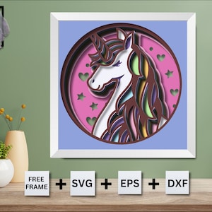 3D UNICORN Shadow Box SVG, KIDS Room, 3D papercut SVG, gelaagde papier kunst sjabloon, voor cricut, voor silhouet