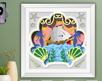 3D SVG Shell Shadow Box, Navire en coquille SVG, Sirène SVG, Ocean Shadow Box, Sea Waves Beach, pour Cricut, Silhouette