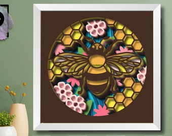 May include: A digital file for a 3D papercraft design of a bee in a honeycomb with flowers. The design is in a circle and features yellow, orange, brown, pink, and green colors.