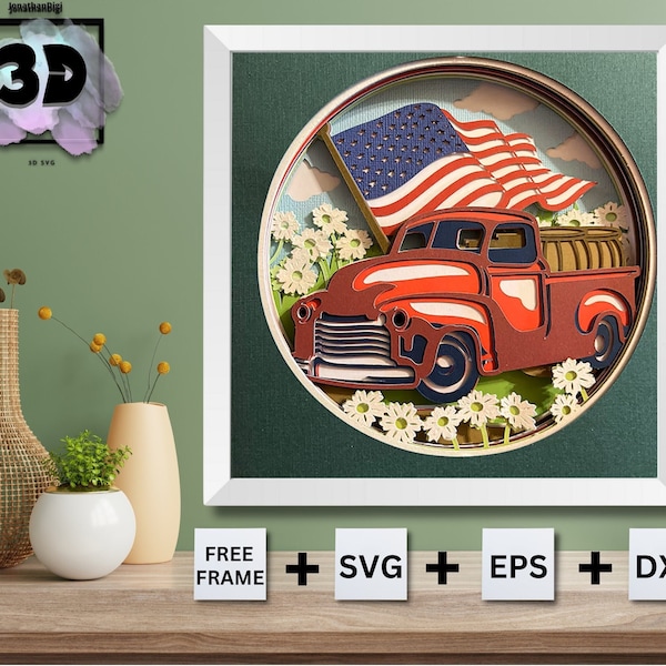 3D Vintage AMERICAN TRUCK Svg, TRUCK with American Flag Shadow Box Svg - For Silhouette - For Cricut